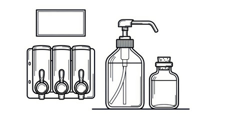 Outline drawing illustration dispenser containers bottles hygiene products cleaning supplies promoting eco-friendly lifestyle.の素材