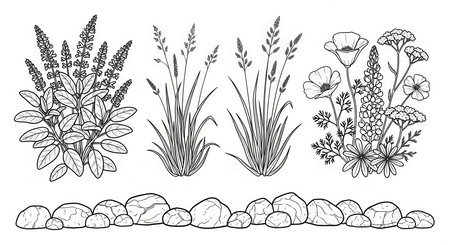 Botanical illustration of wildflowers, meadow grasses, and stone border outline drawingの素材