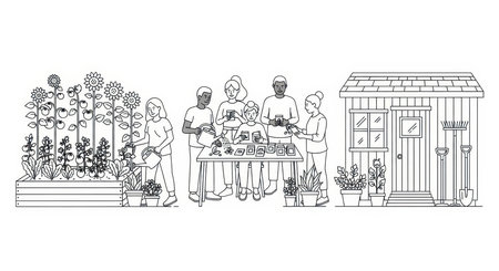 Community garden line art volunteers growing vegetables plants sustainable food production gathering seedの素材