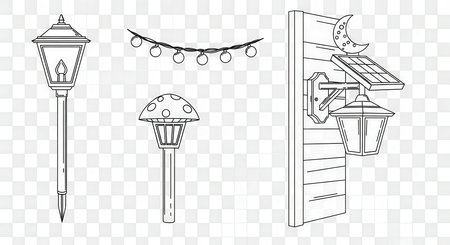 Outdoor lighting fixtures lamp post solar light and string light detailed line art design.の素材