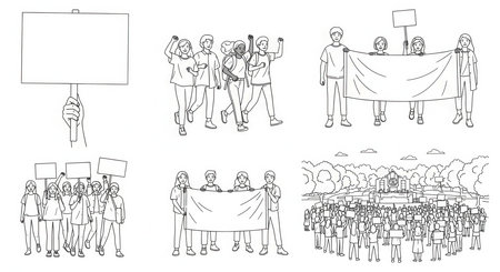 People protest crowd activism movement holding signs banners drawings demonstration picket line.の素材