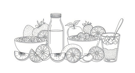 Variety vegan breakfast bowl. Fruits, berries, snack, milk, oats. Healthy illustration.の素材