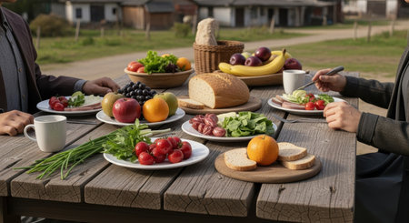 Alfresco lunch farmhouse spread tasty food scenic view rustic meal outdoor dining picnicの素材