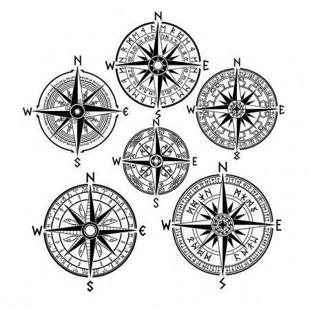 Compass rose collection navigator directional orientation guidance nautical. Maritime direction symbol exploration marine sign discovery voyage equipmentの素材