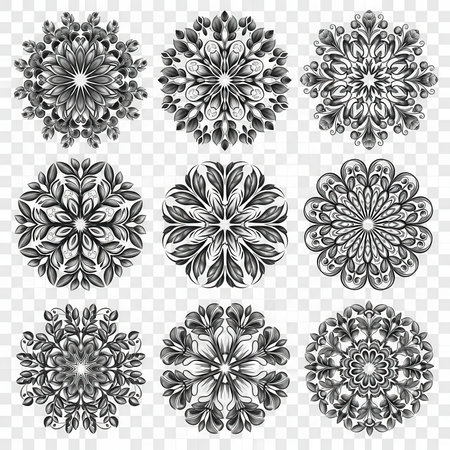 Collection of ornate floral medallion designs. Decorative botanical flower shapes. Geometric organic circular elements isolated on transparentの素材
