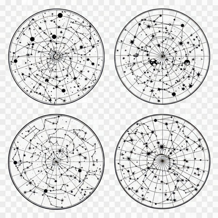 Detailed celestial star maps display Constellation Chart Collection. Variety of circular astronomical art in constellation diagrams.の素材