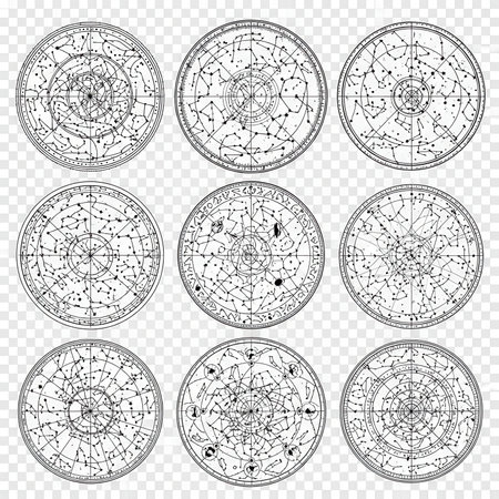 Astrology spheres. Collection of vintage celestial star maps, astrological charts. Retro astronomy spheres. Galaxyの素材