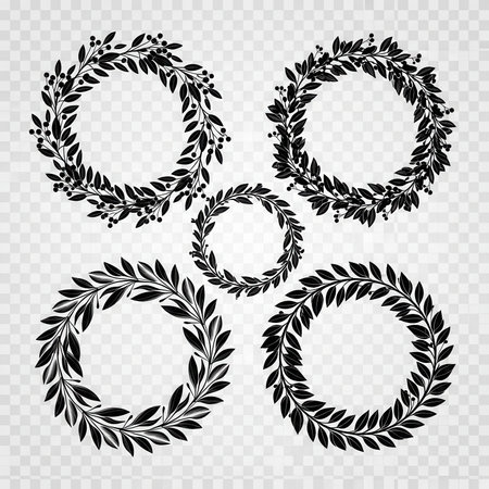 Collection of black silhouettes wreaths frames with leaves and berries. Floral decor elements for design. Vintage style.の素材