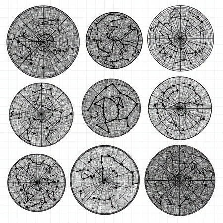 Collection with constellation map. Features celestial chart, astrology art, astronomy design, and zodiac diagram in black ink style.の素材