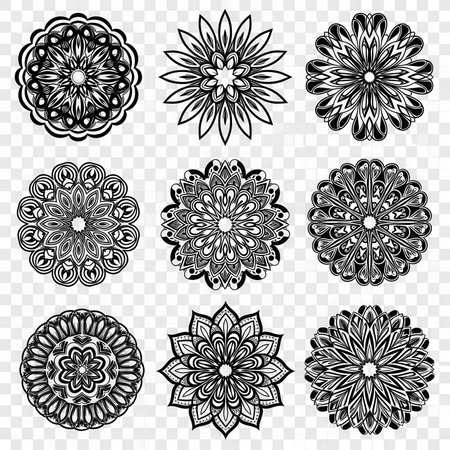 Symmetrical floral ornament illustration with intricate line art on white. Decorative design element botanical black, white.の素材