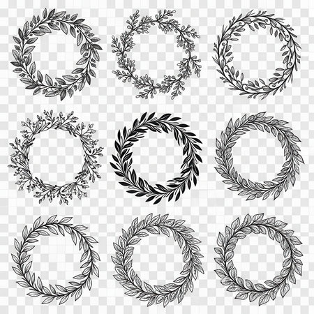 Set leaf wreaths. Floral circle design elements for invitations, decorations, templates, save date cards, greeting cards.の素材