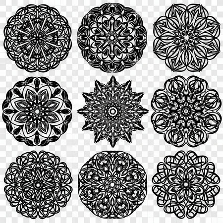 Complex circular design, abstract ornamental pattern.  Delicate shape in black and white tones. Decorative ornate elementの素材