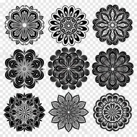Set of nine detailed floral designs for coloring books, patterns, and art projects. Floral designs, decorative, vector element.の素材