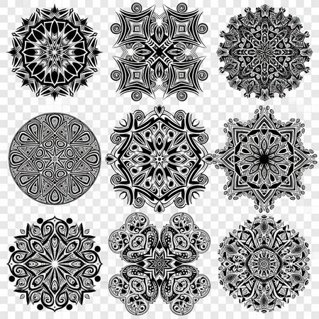 Abstract pattern vector collection. Monochrome geometric ornate decoration. Circle graphic design. Decorative symmetrical shapes elements.の素材