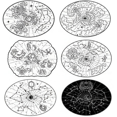 Vintage celestial maps of constellations, zodiac signs, and stars. Circular layouts depict space and astronomy. Charts for astrology.の素材