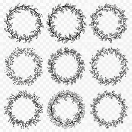 Set contains elegant floral wreaths, botanical frame elements. Black and white drawing design. Decorative plant circle illustration.の素材