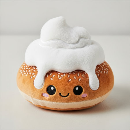 Adorable plush bun with icing and a smiling face for play, decor, or display. Cute bakery themed toy and interior element.の素材