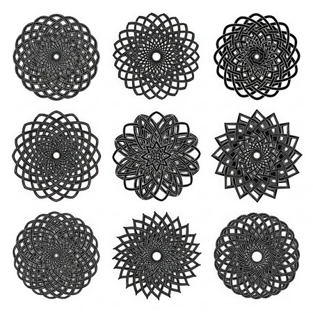 Intricate knot designs collection. Ornamental circular art shapes. Round geometric elements. Abstract pattern decor, decoration, graphic.の素材