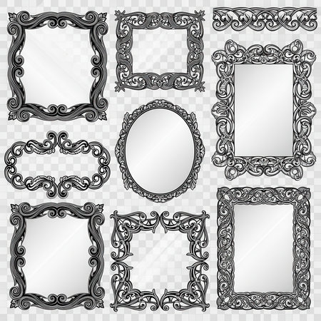 Ornate decorative frames featuring mirror and vintage designs. Black and white vector graphic illustration.の素材