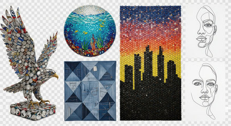 Recycled waste art creations showcase upcycling reuse reduce materials recycle craft ideas.の素材