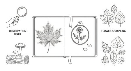 Botanical illustrations, sketchbooks, nature walk observation, exploring flora and faunaの素材