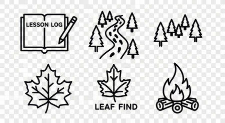 Lesson log pine tree and campfire with leaf find activity. Graphic symbol design for nature concept.の素材