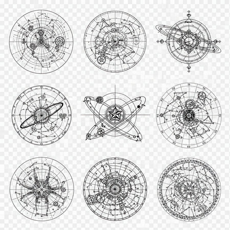Circular astrology star map diagram. Zodiac constellations alchemic schematics isolated transparent background. Cosmos, horoscope, celestial theme.の素材