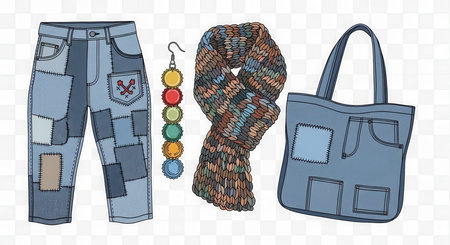 Upcycled clothes jeans scarf tote bag earrings accessories fashion creative recycledの素材