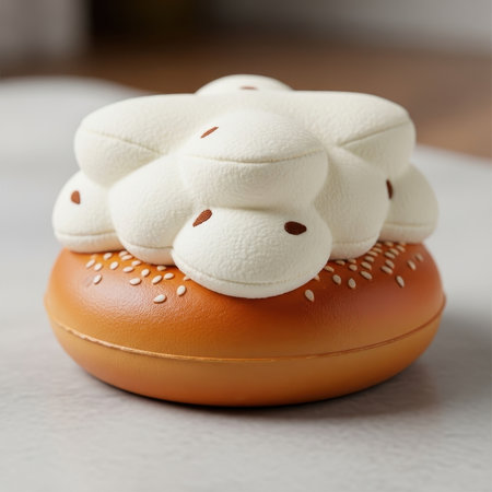 Sweet sesame bun dessert with cream topping. Yummy and tasty pastry from bakery, perfect for treat and sweet tooth.の素材