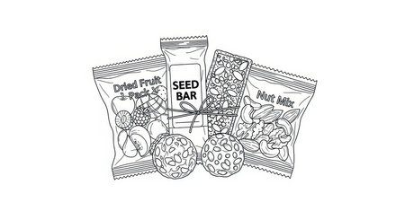 Line art showcasing snack packs featuring healthy food choices. Illustrates nut mixes dried fruits.の素材