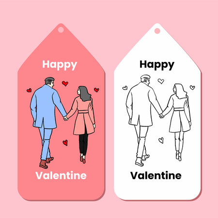 Happy Valentine's Day label with hand drawn illustration in flat design styleのイラスト素材