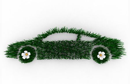 Environmentally friendly car 3D render composed of blades of grass, symbolizing the green movement.の写真素材