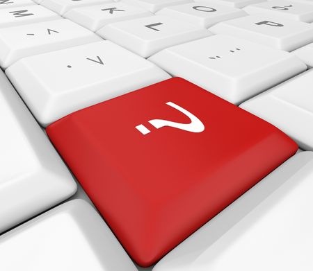 A red question mark key on a white keyboard
