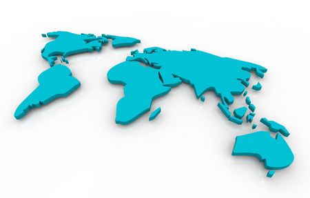 A blue map of the world floating on a white background