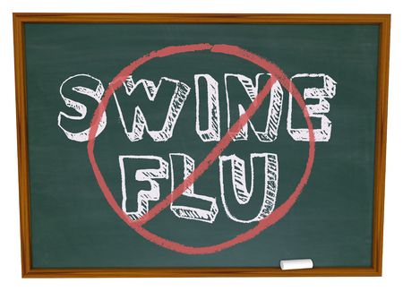 The words Swine Flu with the No symbol over it on a chalkboardの写真素材