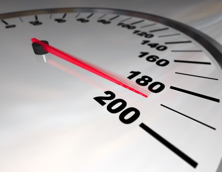 A white automobile speedometer with red needle pushing toward 200 の写真素材