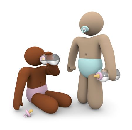Two babies of different races - one dark and one light skinned - with pacifiers and bottlesの写真素材