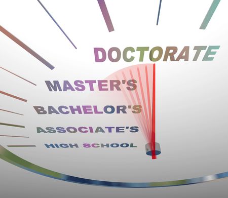 A speedometer shows the various levels of college degreesの写真素材
