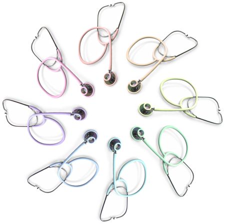 A circular display of stethoscopes of a rainbow of colorsの写真素材
