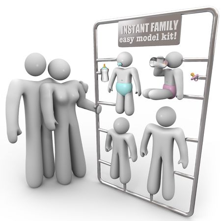 A mother and father consider methods for having an instant family, symbolized by this model kit
