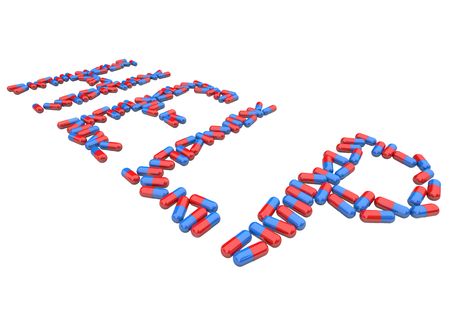 The word Help spelled out in red and blue capsule pillsの写真素材