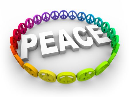 Many colorful peace symbols surround the word in a circleの写真素材