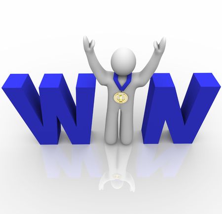 A person with a first place medal stands with arms raised in the word Winの写真素材