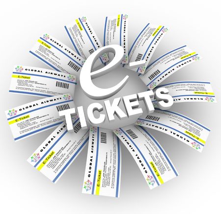 Many airline e-Tickets arranged around the words