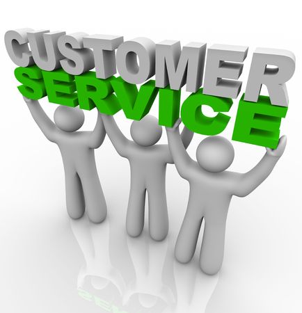 Three customer service representatives lift the wordsの写真素材