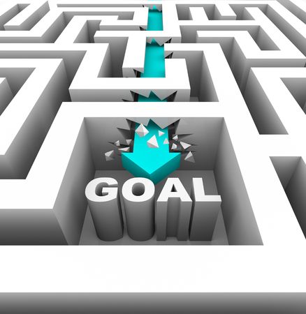 A arrow breaks through walls in a maze to reach a goalの写真素材