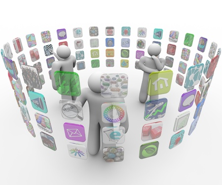 Several people choose applicaitons from projections on a circular wall