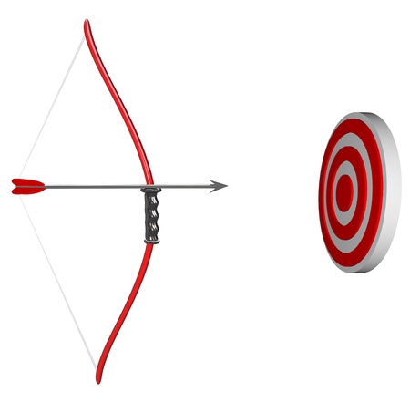 A bow and arrow is held aiming at a target bulls-eye, representing concentration as you focus on succeeding in hitting your goalの写真素材