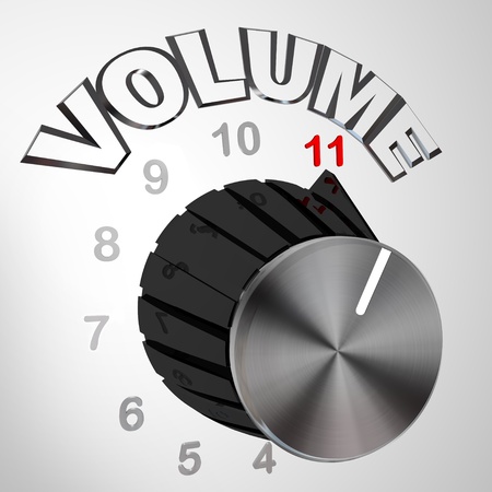 A volume dial or knob turned all the way to 11 surpassing and exceeding the normal maximum sound on a speaker or amplifier, resembling a famous scene from a mock rock documentaryの写真素材