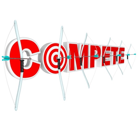 Many bows and arrows aim for the same target bulls-eye in a heated competition to succeed in a sporting event, business challenge, or life successの写真素材